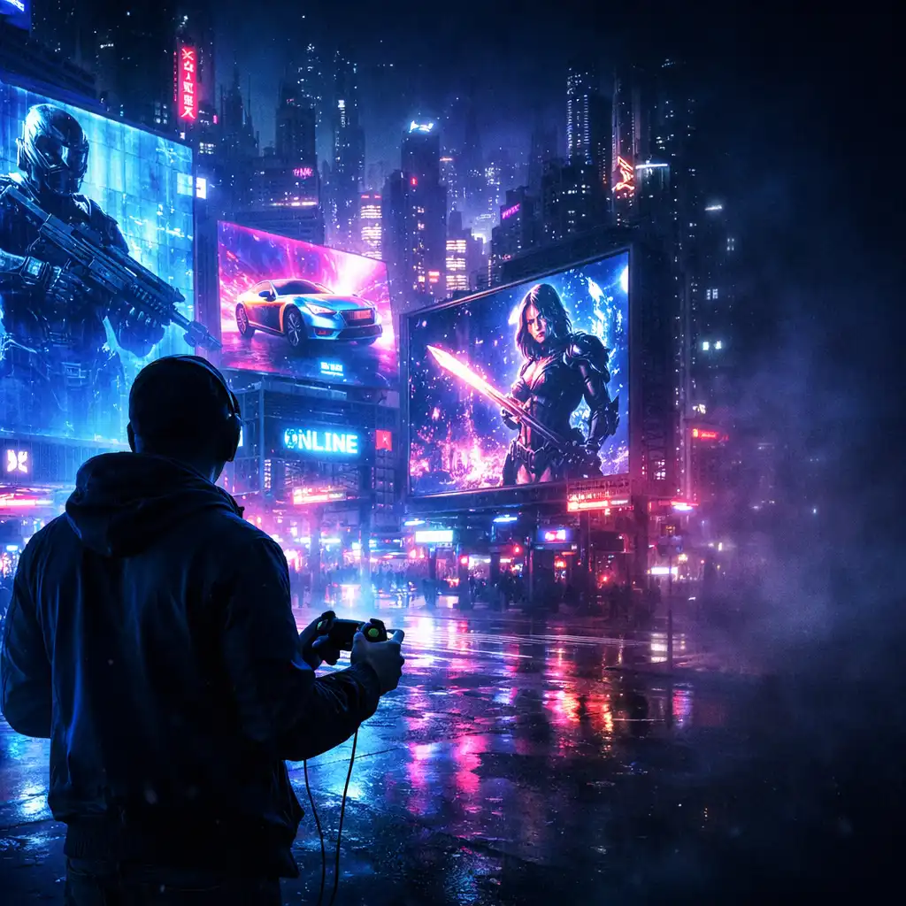 Futurystyczne miasto gamingowe z neonami
